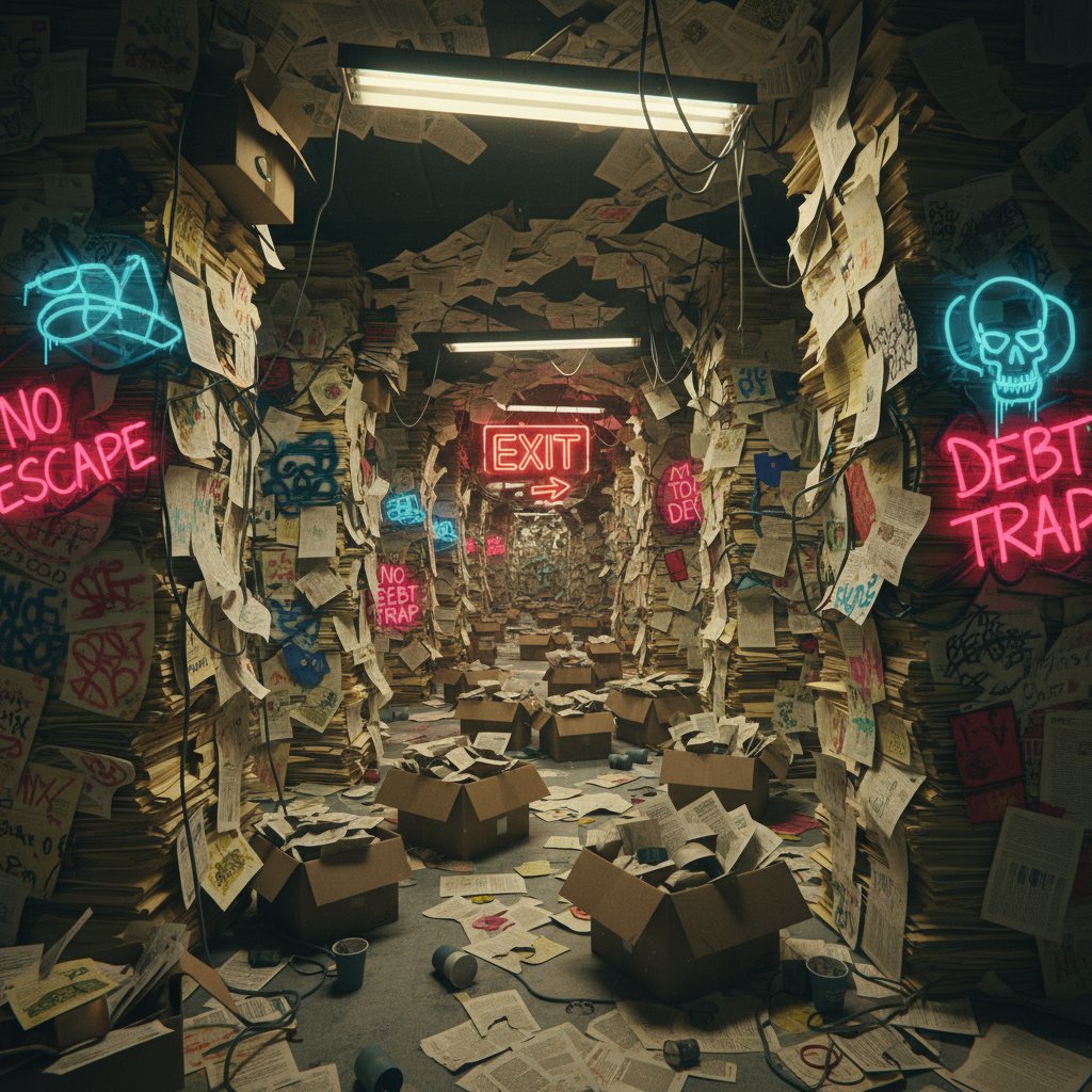 Maze of paperwork representing corporate discount red tape