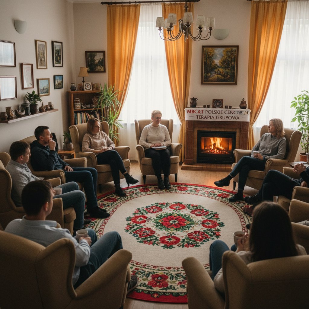 Grupa osób uczestniczących w sesji MBCT w polskim centrum terapeutycznym, ciepła atmosfera