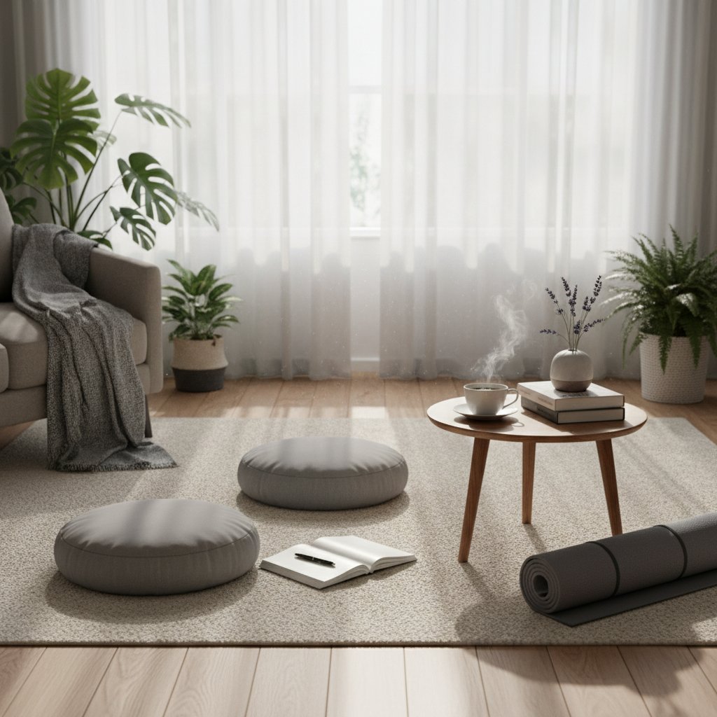 Ciche wnętrze domu, osoba przygotowuje miejsce do praktyki MBCT, nuty skupienia i relaksu