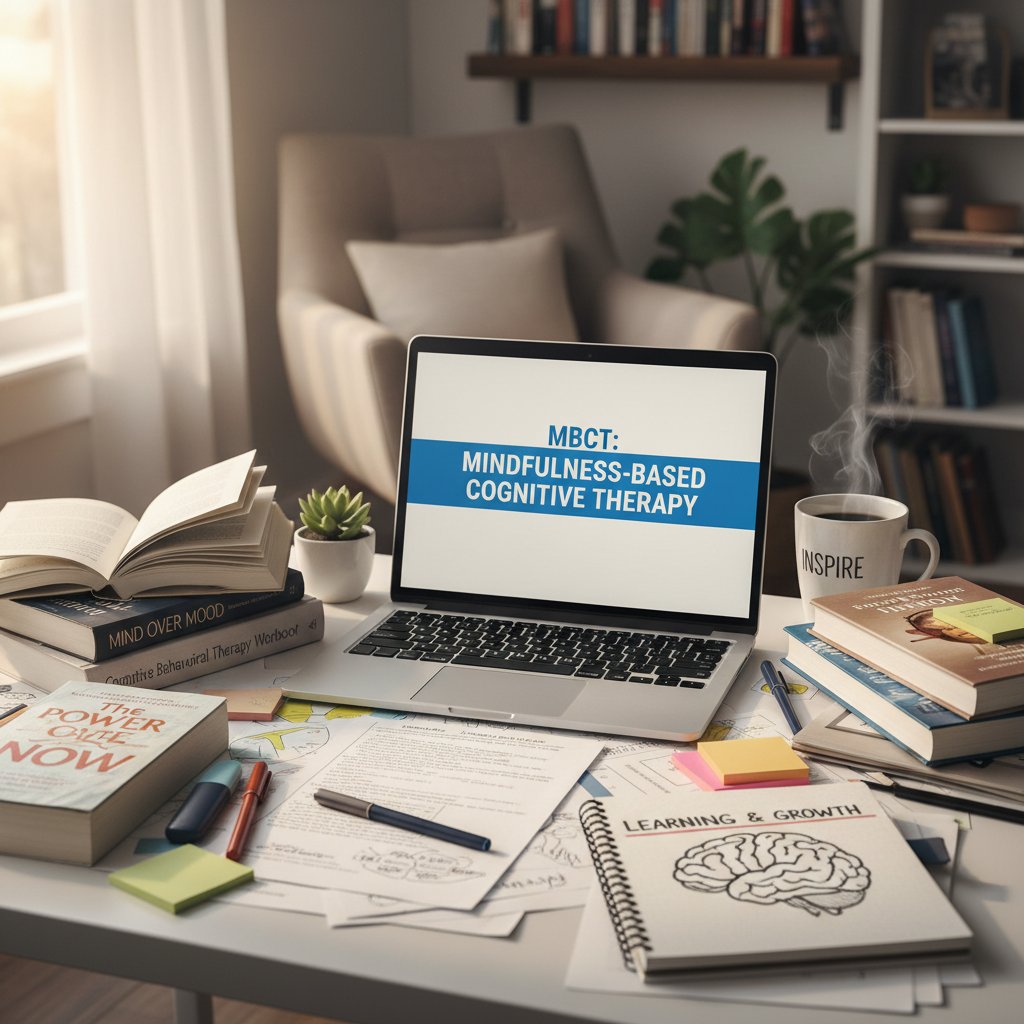 Osoba czytająca artykuł o MBCT na laptopie, otoczona notatkami i książkami, atmosfera inspiracji