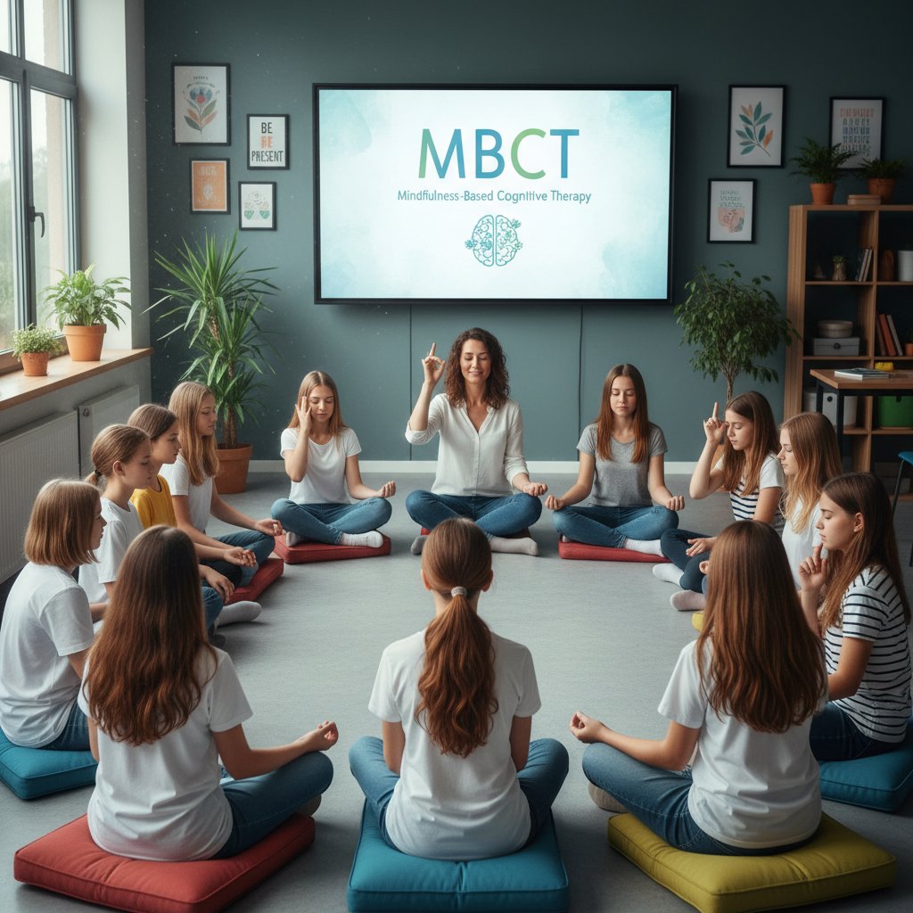 Nauczyciel prowadzi sesję MBCT z młodzieżą w szkole; scena edukacyjna
