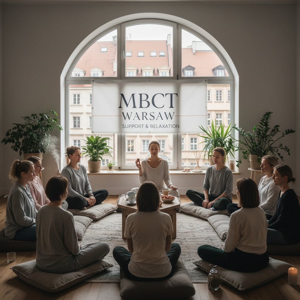 Grupa osób podczas sesji MBCT w warszawskim studio, atmosfera wsparcia i relaksu
