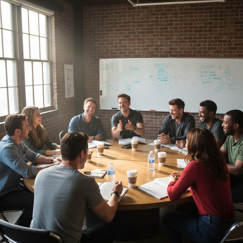 MCU actors sharing laughs at script reading, candid moment, demonstrating Feige's emphasis on cast chemistry