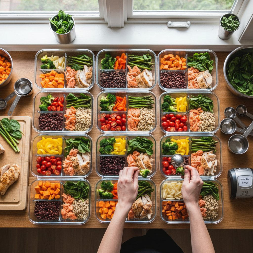 Przygotowywanie posiłków na nadwyżkę kaloryczną – pojemniki z różnorodną żywnością w kuchni