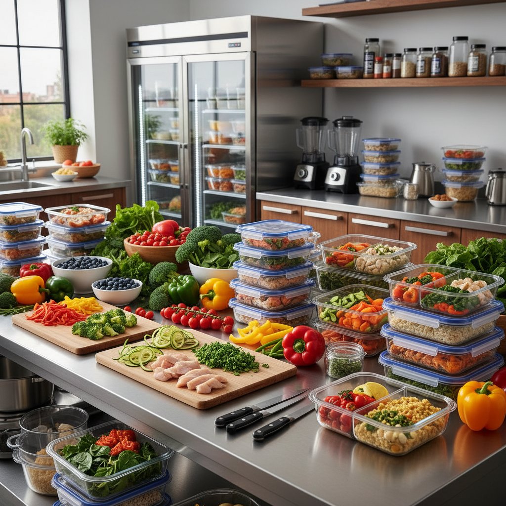 Kuchnia z przygotowanymi pojemnikami na meal prep i świeżymi warzywami