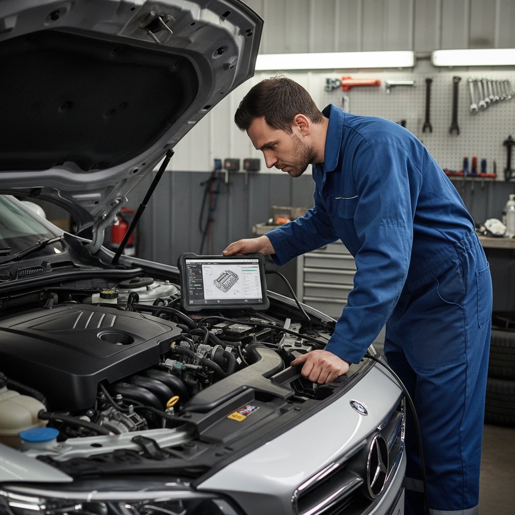 Mechanic inspecting engine bay with diagnostic tablet