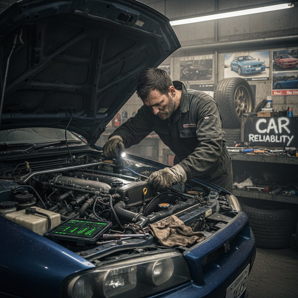 Mechanic performing a detailed inspection on a Nissan engine in a gritty garage, 16:9