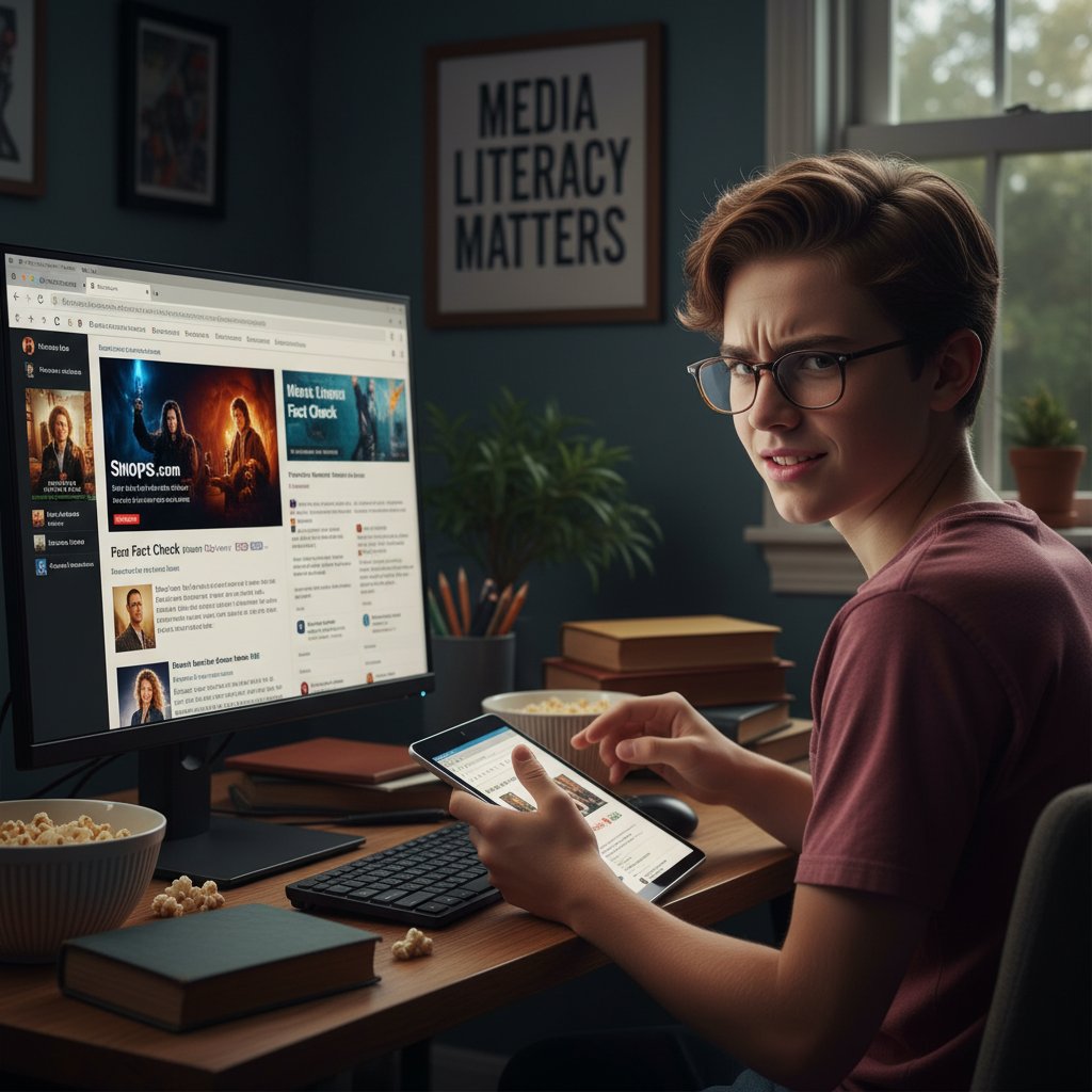 Teenager at home with laptop, comparing movie scenes to real-world articles, looking skeptical but engaged. Modern, positive, 16:9.