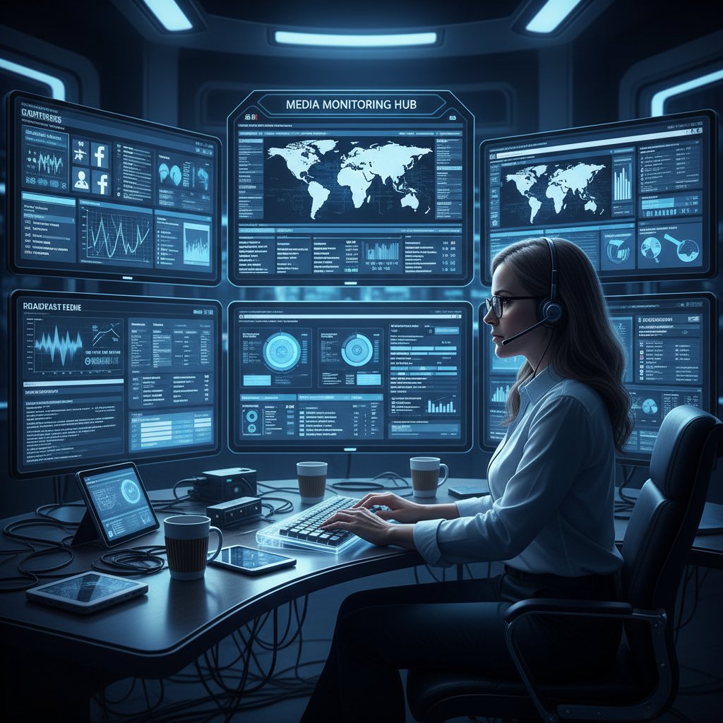 Specjalista analizujący różne źródła danych na wielu ekranach, monitoring mediów w praktyce