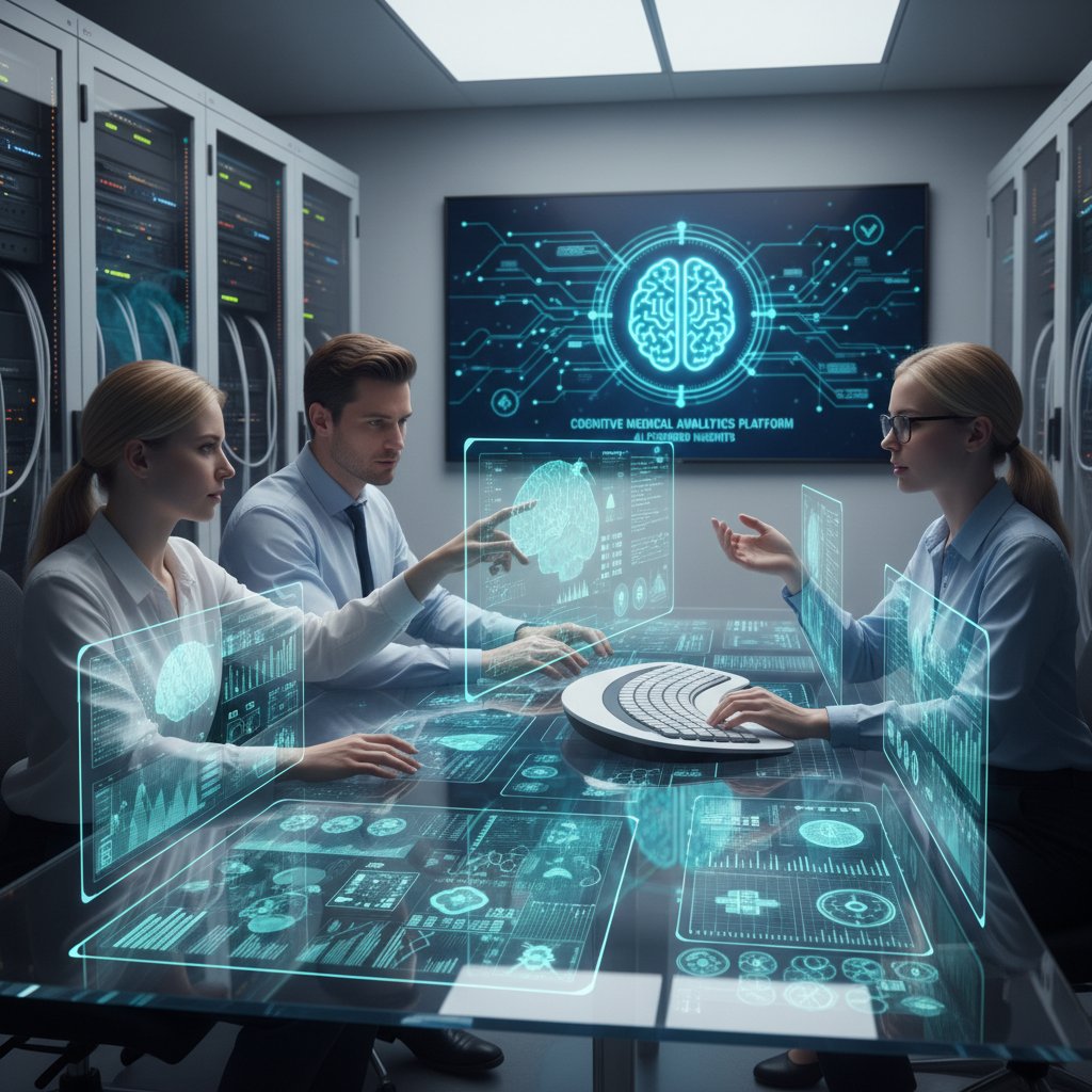 Zespół analityków medycznych pracuje z AI nad analizą dużych zbiorów danych