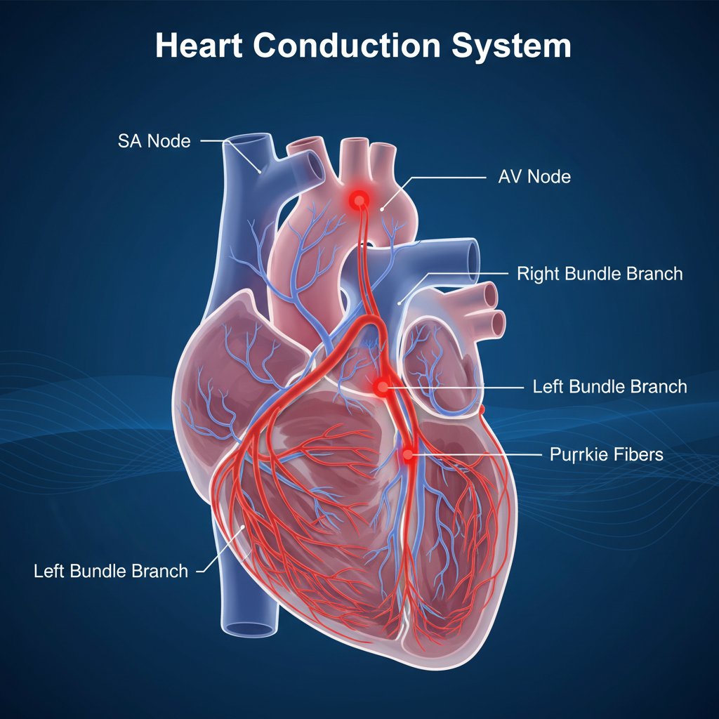 Schemat układu przewodzącego serca z zaznaczonym miejscem bloku