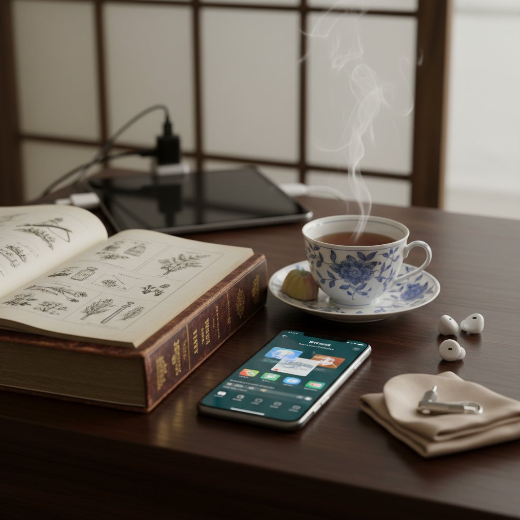 Książka medyczna i smartfon na stole, obok kubek z herbatą – symbol tradycji i nowoczesności