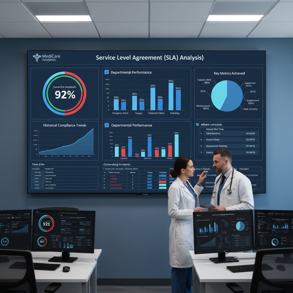 Pracownicy centrum medycznego analizujący dashboard SLA z wirtualnym asystentem