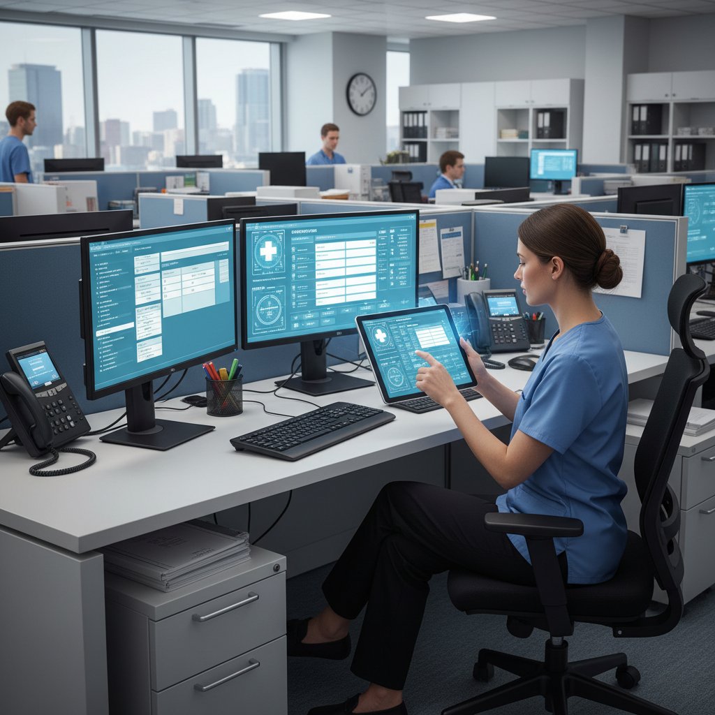 Medical clerk using a tablet and desktop with EHR open, digital records management in a modern hospital