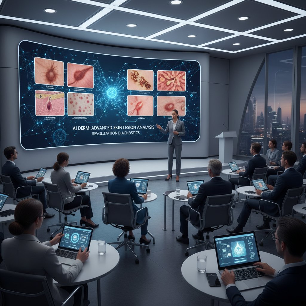 Konferencja medyczna, prezentacja nowych narzędzi AI do analizy zmian skórnych, współczesna scena