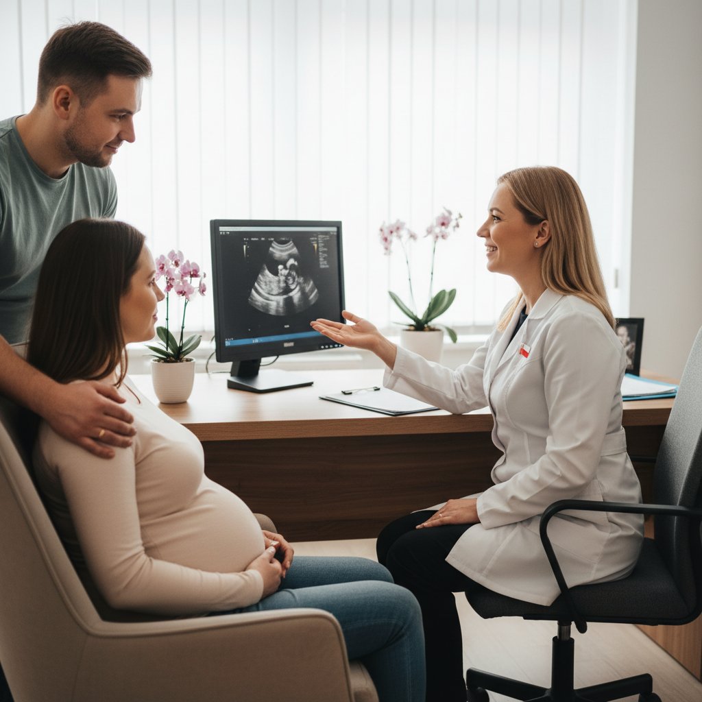 Pacjentka rozmawia z położnikiem podczas wizyty