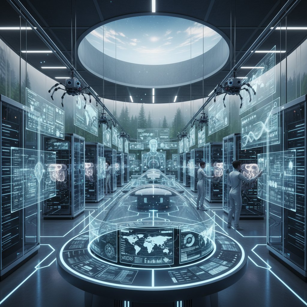 Innowacyjne centrum danych medycznych, nowoczesne technologie w tle; klimat: przyszłość, temat: trendy zdrowotne