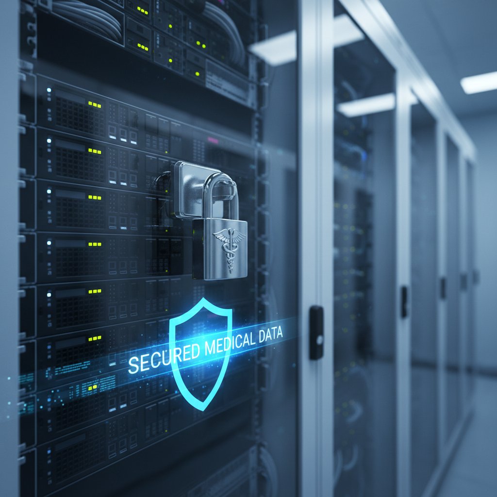 Zdjęcie serwera danych medycznych z zamkniętą kłódką, symbolizującą bezpieczeństwo informacji