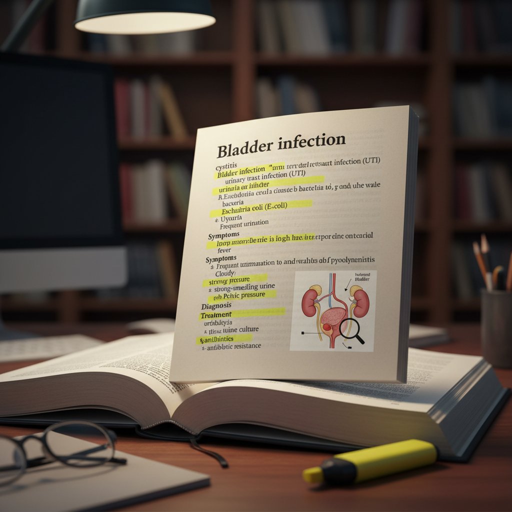 Słownik medyczny z wyróżnionymi hasłami dotyczącymi zapalenia pęcherza, książka z kolorowymi zakładkami