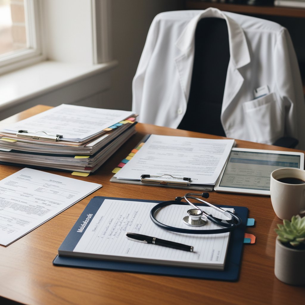 Dokumenty medyczne i notatnik na biurku przed wizytą u immunologa