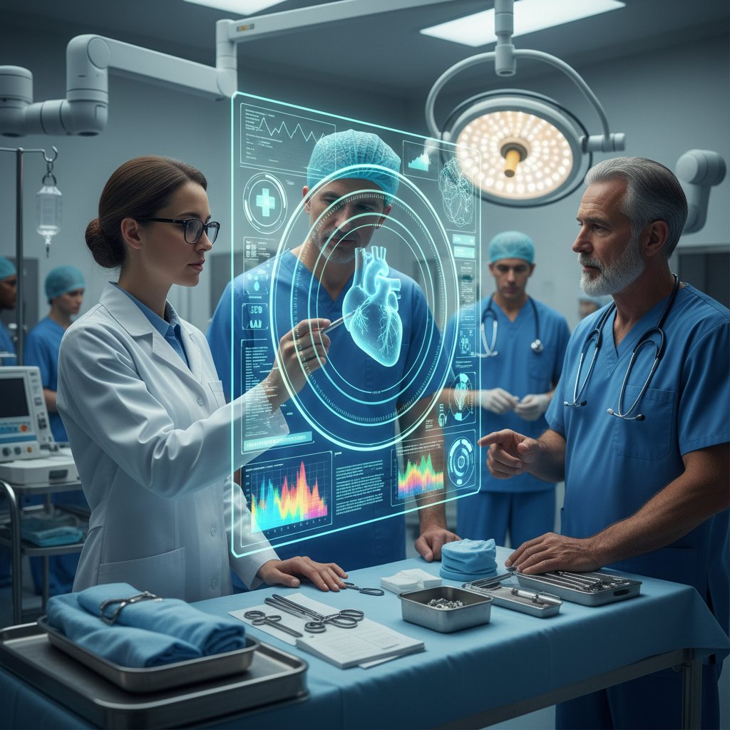 Zespół lekarzy i inżynierów analizuje ekran z danymi medycznymi generowanymi przez AI