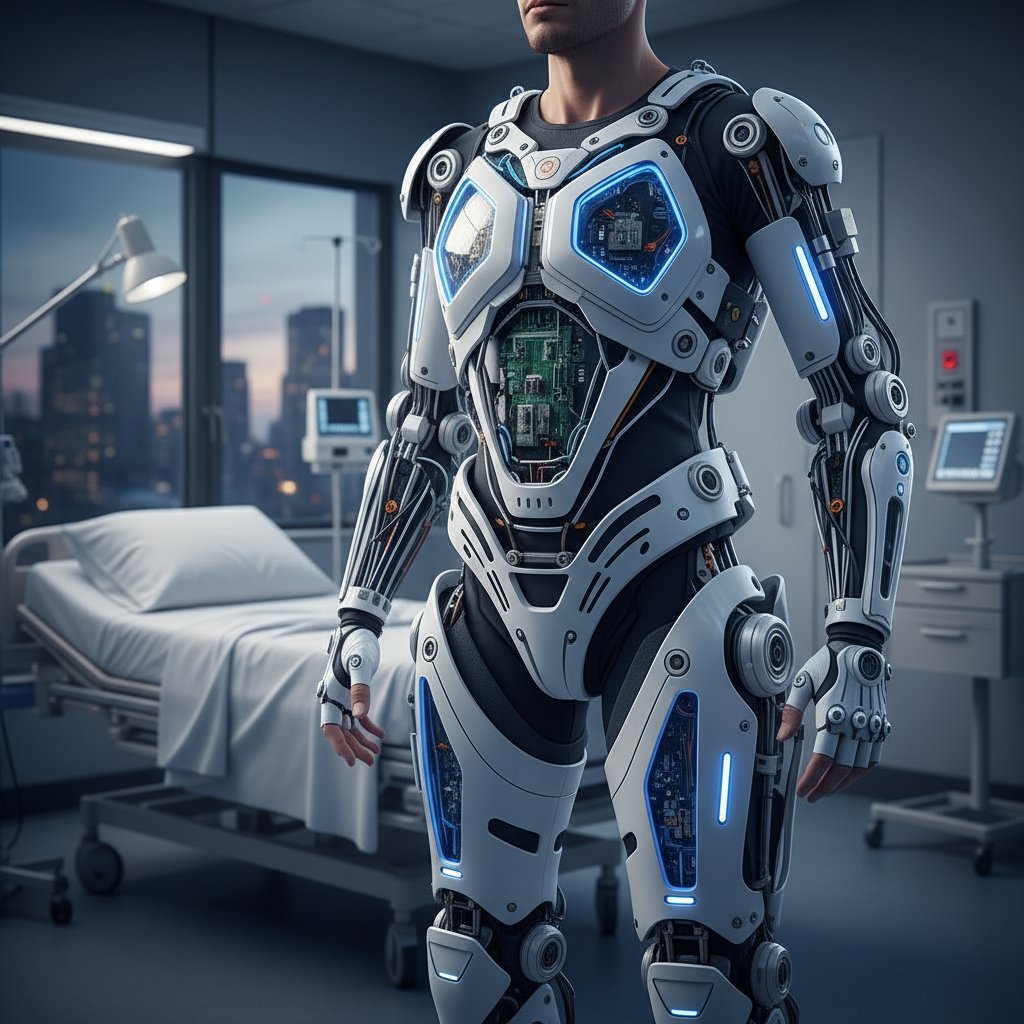 Egzoszkielet medyczny, silniki i sensory podczas pracy, zbliżenie na elektronikę