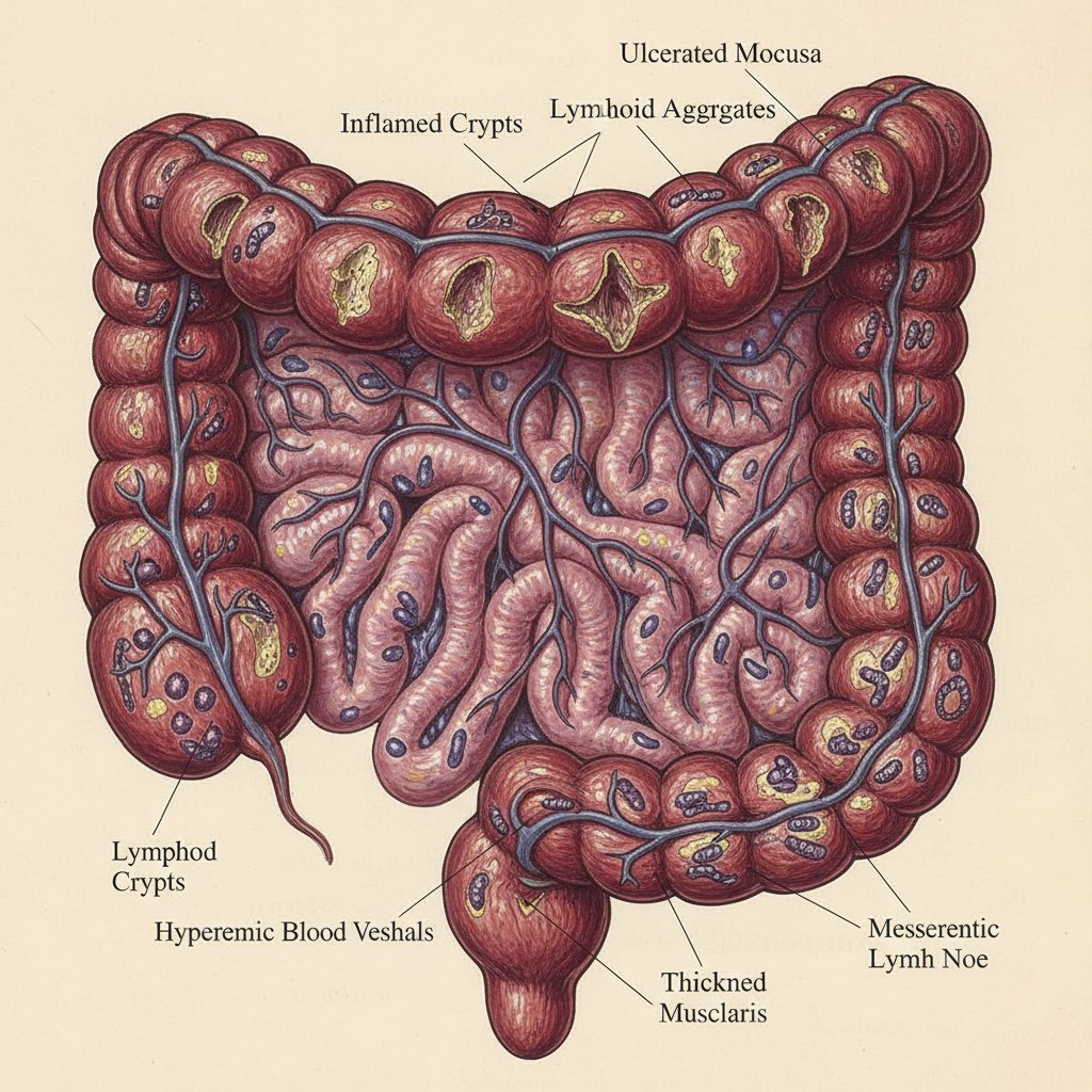Szczegółowa ilustracja medyczna przedstawiająca stan zapalny jelita w chorobie Crohna, wysokiej rozdzielczości, z wyraźnym obrazem uszkodzenia ścian jelit