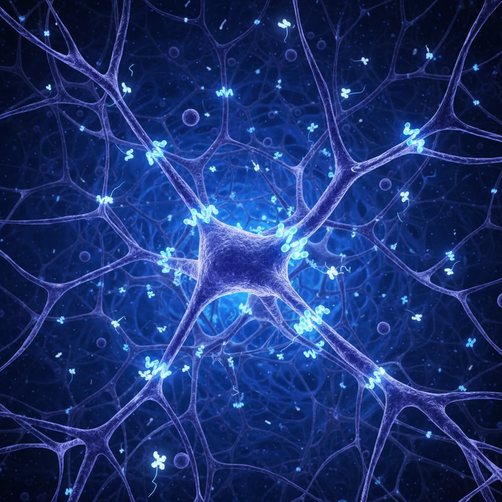 Schemat ataku układu odpornościowego przy miastenii: wizualizacja przeciwciał niszczących synapsy nerwowo-mięśniowe, ciemnoniebieskie tło, wysoki kontrast