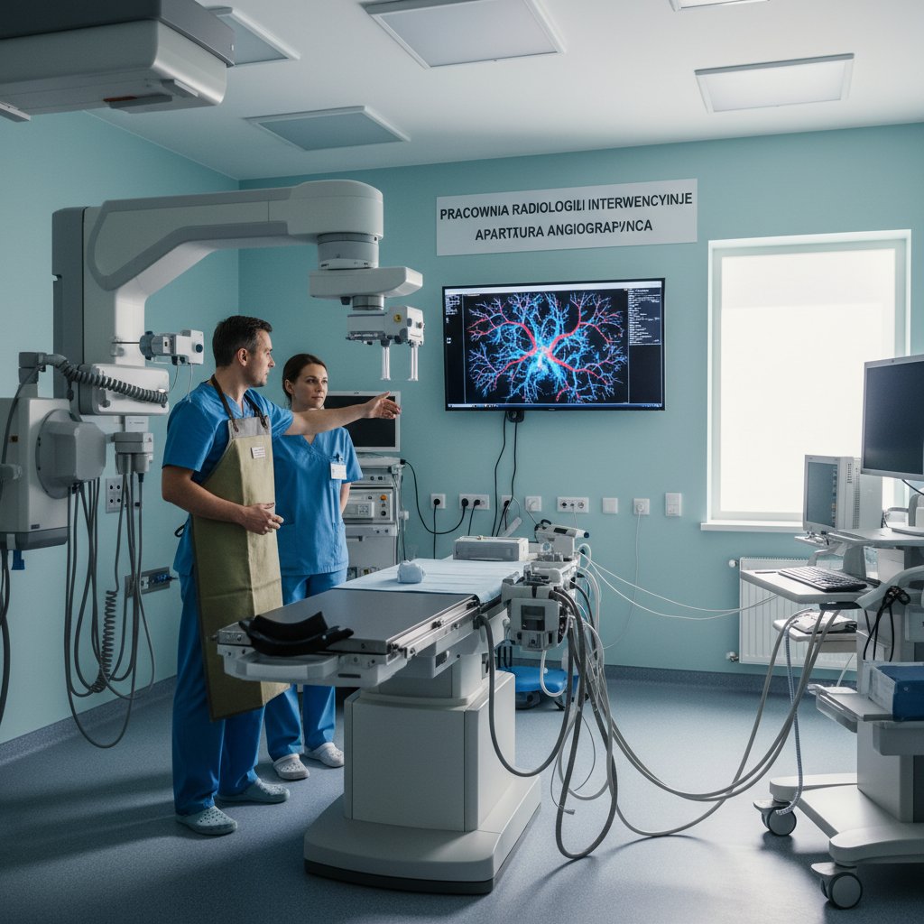 Nowoczesna pracownia angiografii w polskim szpitalu z wyraźnym sprzętem do badania naczyń i polskim personelem medycznym