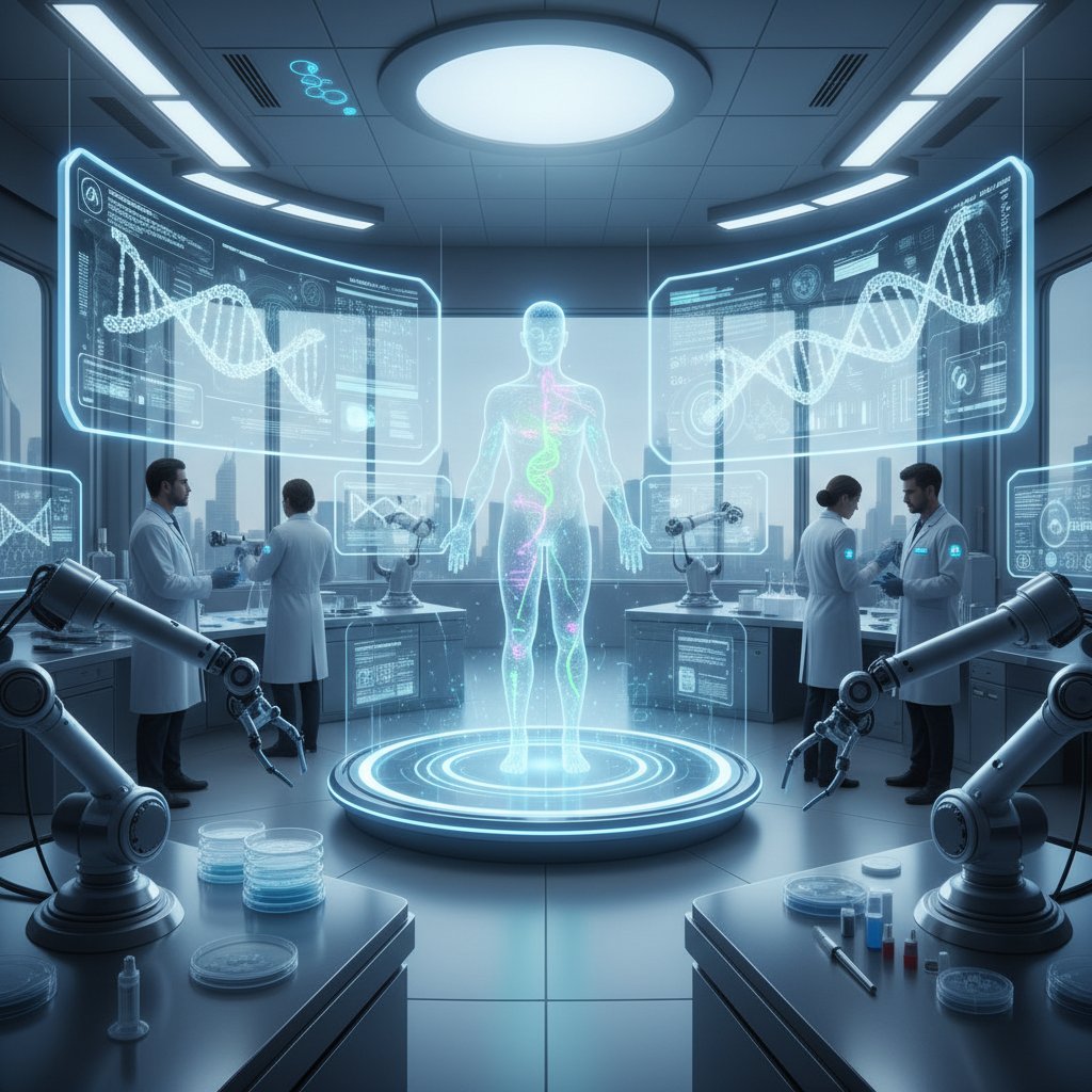 Zdjęcie laboratorium medycznego z nowoczesnym sprzętem do analizy genetycznej i sztucznej inteligencji