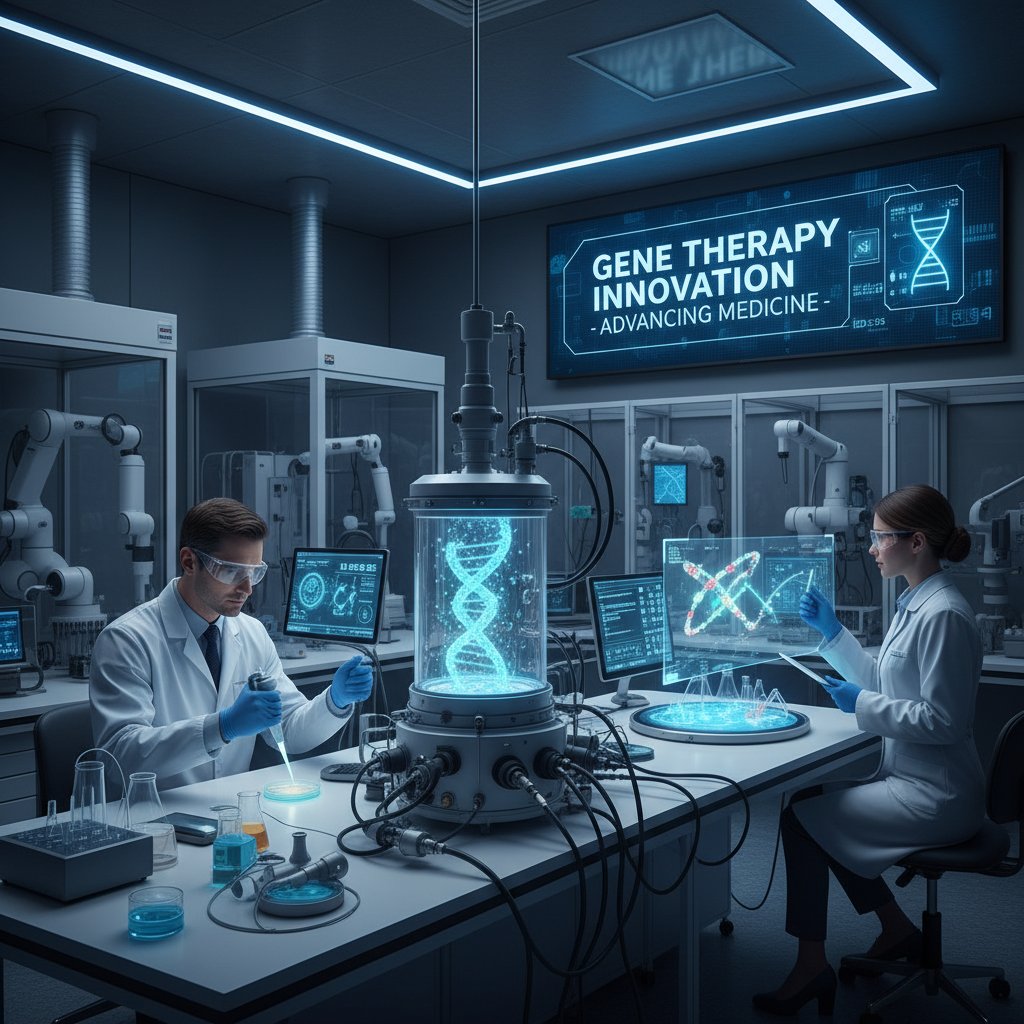 Zbliżenie na laboratorium medyczne, naukowcy pracujący nad terapią genową, sprzęt laboratoryjny, słowa kluczowe: adenowirus, terapia genowa, innowacja