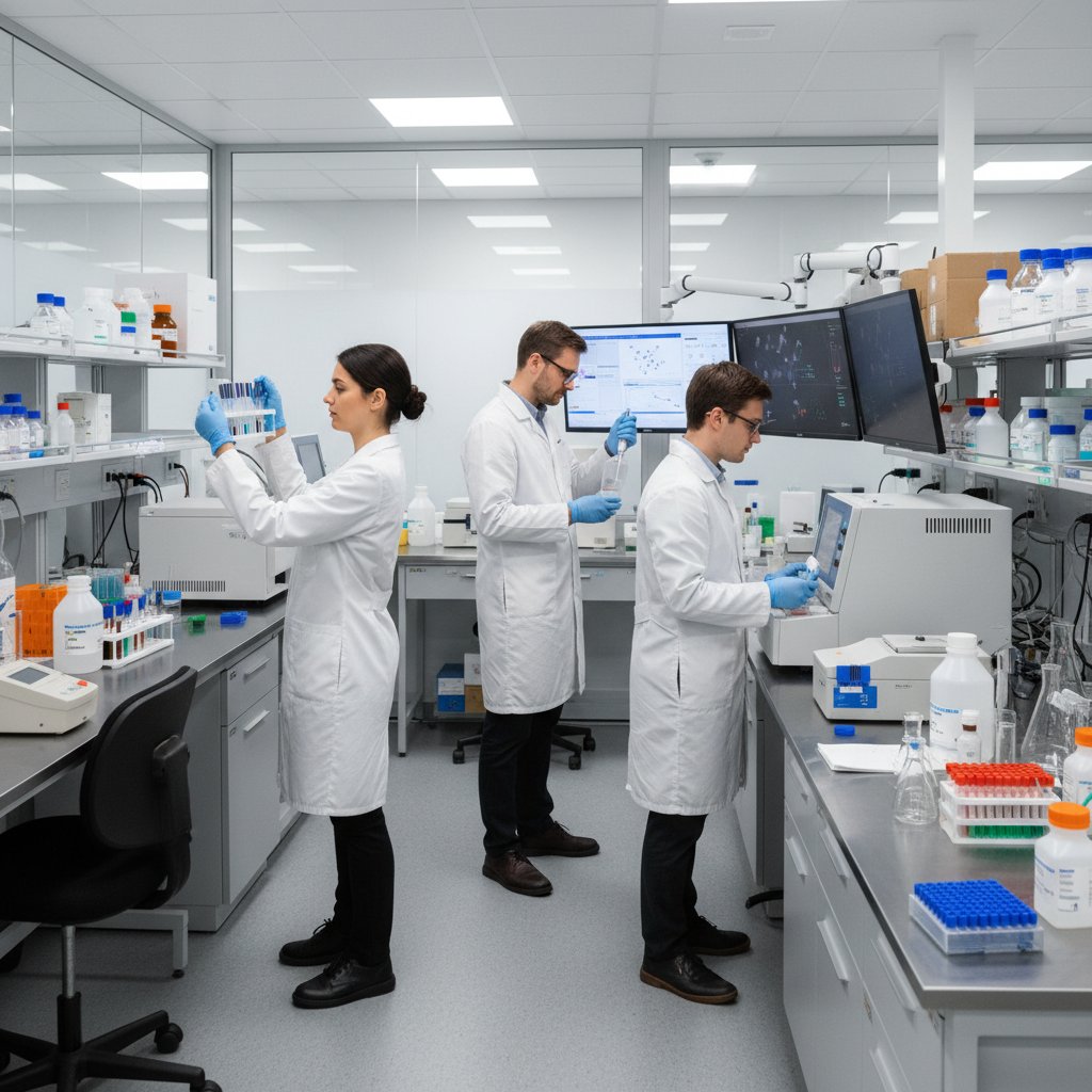 Zdjęcie laboratorium medycznego, naukowcy analizują próbki, na stole odczynniki i próbówki z napisem „diagnostyka białkowa”