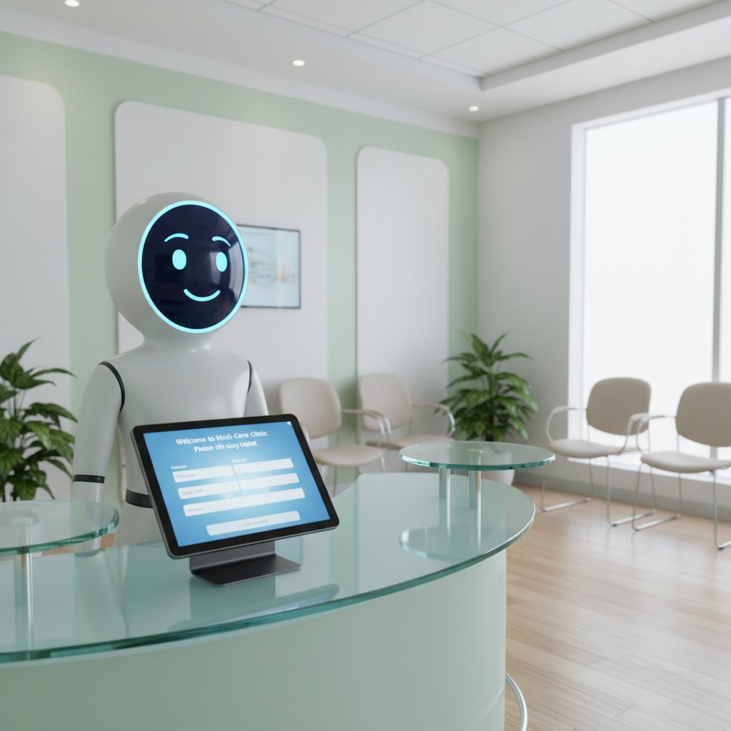 Wirtualny recepcjonista w nowoczesnym biurze medycznym, komputer i tablet na biurku