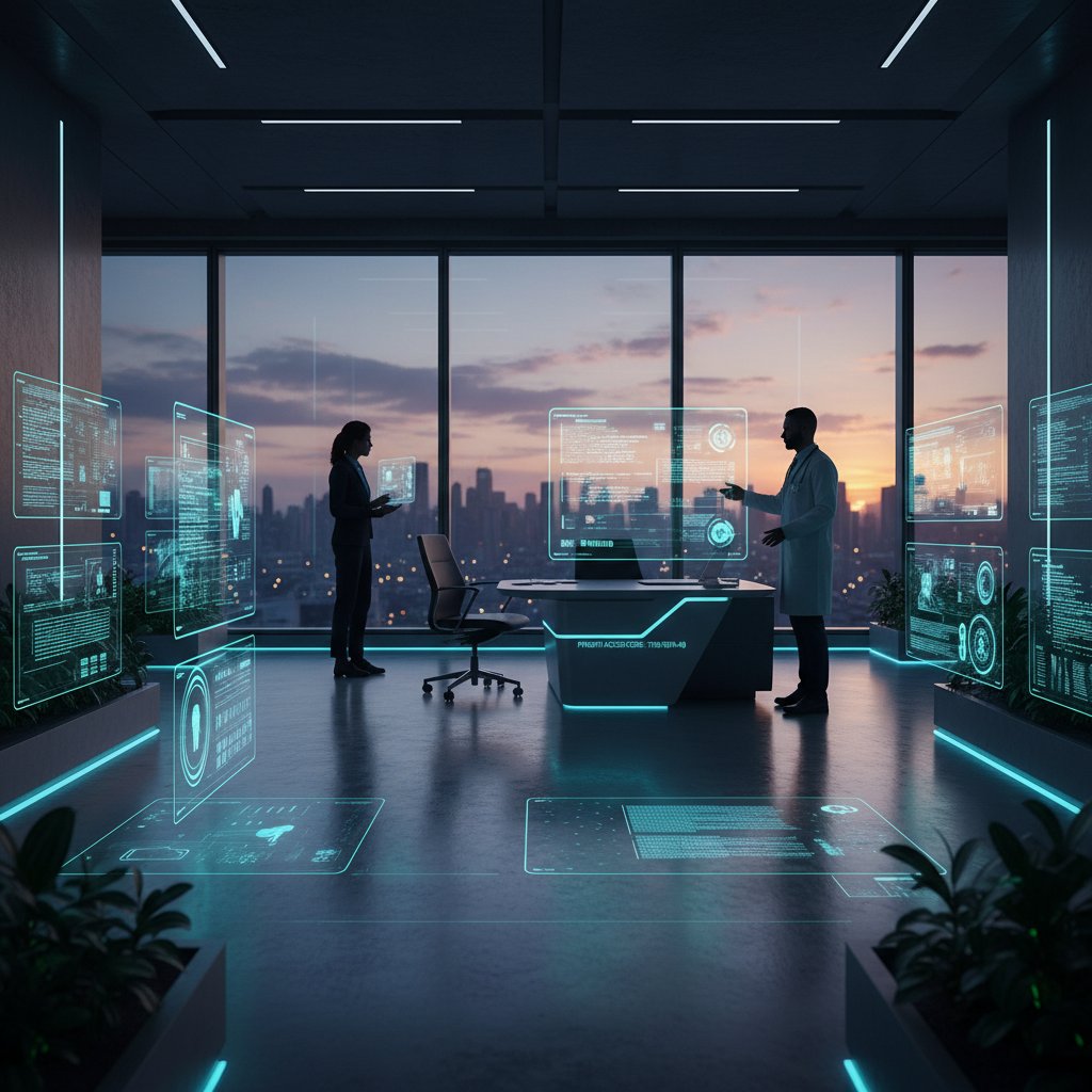 Gabinet lekarski o zmierzchu, stos papierowych kart pacjentów przenikający w cyfrowy kod, symbolika konfliktu biurokracji z cyfrową transformacją