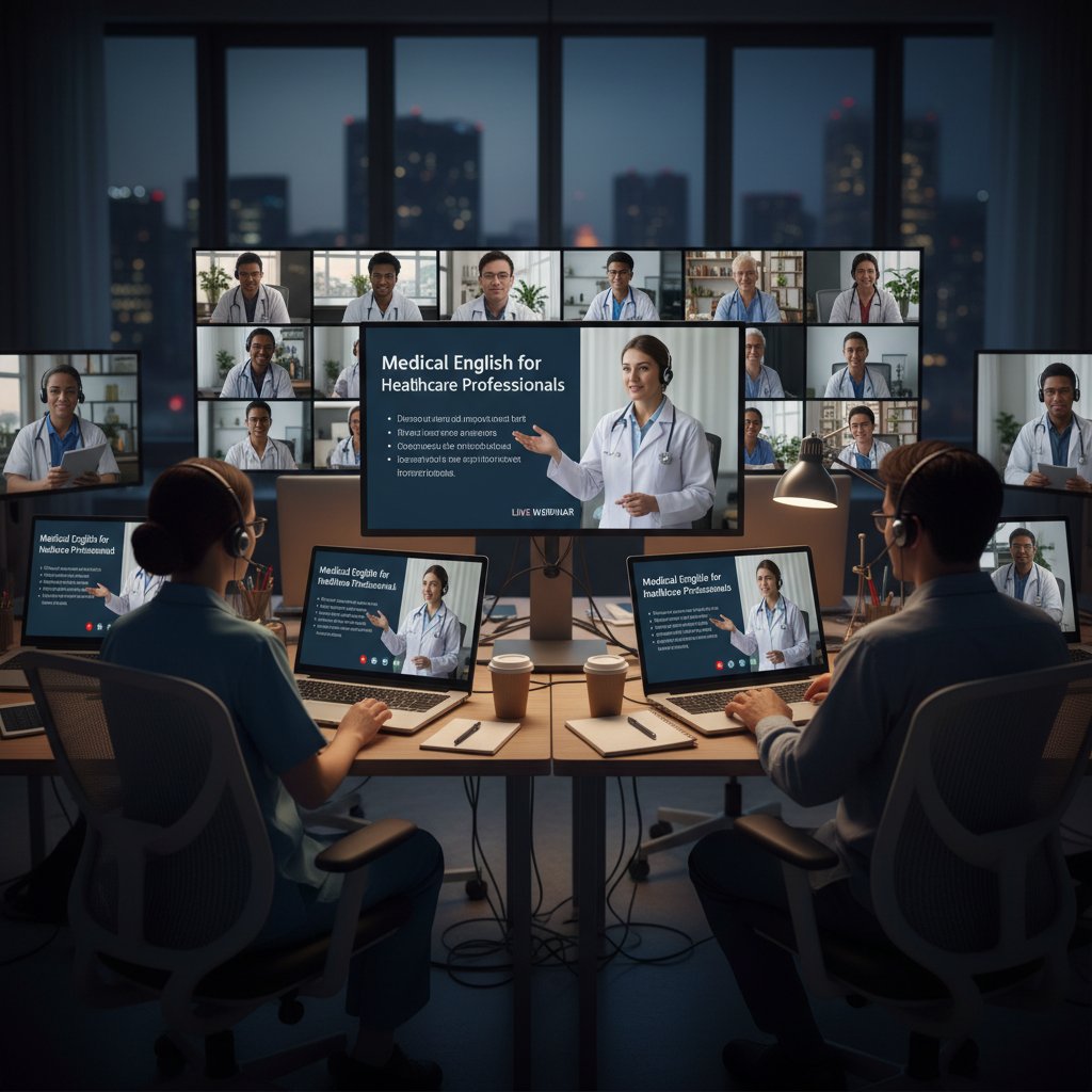 Grupa medyków uczestniczy w webinarze angielskiego medycznego, ekrany komputerów, wieczór