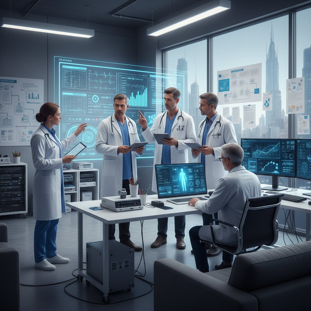 Medical professionals conducting remote patient monitoring in a clinical research setting, clinical data tools in action