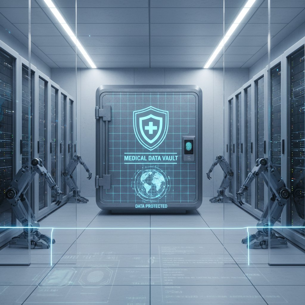 Sejf z dokumentami medycznymi i kartami wyników badań przesiewowych, symbolizujący ochronę danych