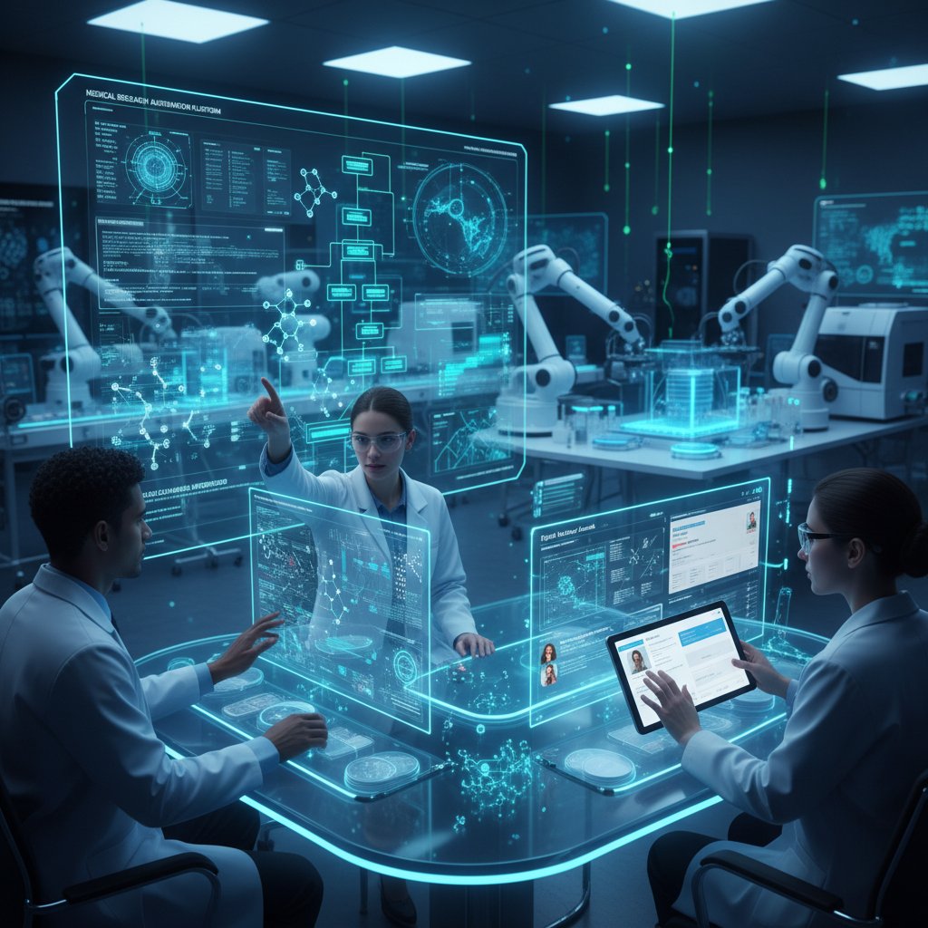 Photo of a research team surrounded by laptops and stacks of medical journals, reviewing digital data