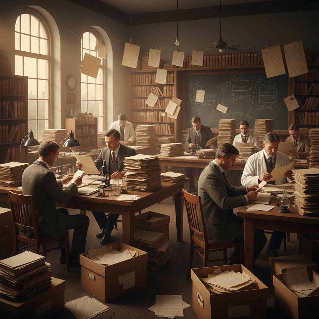 Historyczne zdjęcie naukowców analizujących dane papierowe w laboratorium