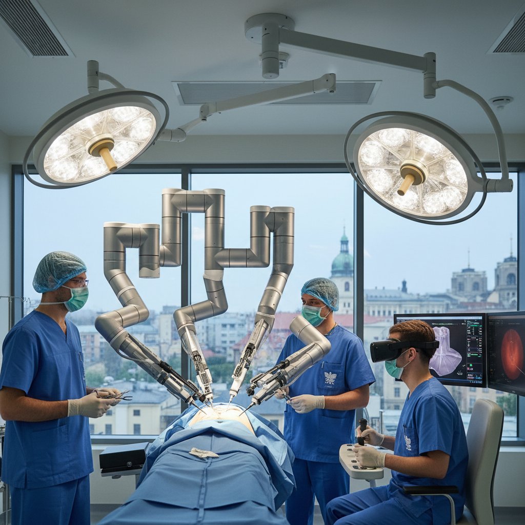 Robot medyczny w polskiej sali operacyjnej, lekarze i maszyny współpracują przy stole operacyjnym