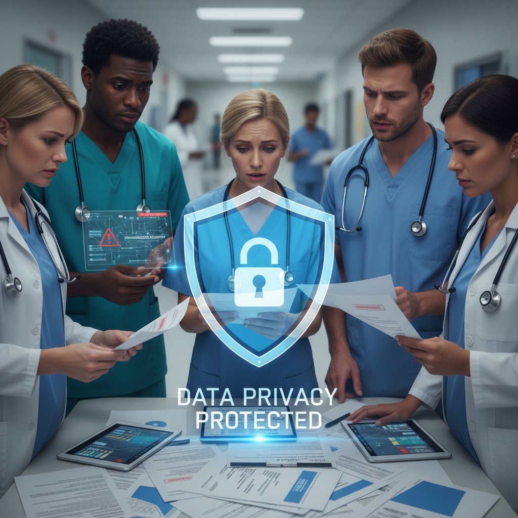 Personel szpitala ze zmartwionymi minami, dokumentacja i dane medyczne na stole, napięcie