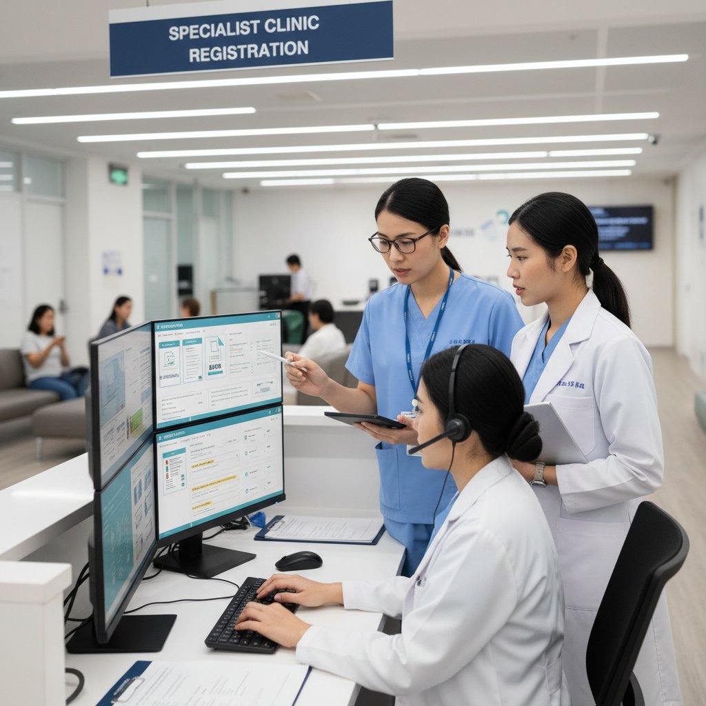 Personel medyczny weryfikujący e-skierowania na komputerze, rejestracja poradni