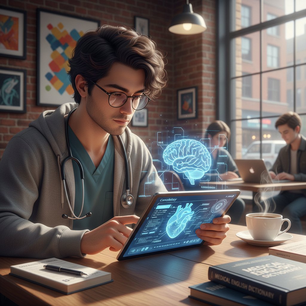Student medycyny korzysta z tabletu i AI do nauki angielskiego medycznego w kawiarni