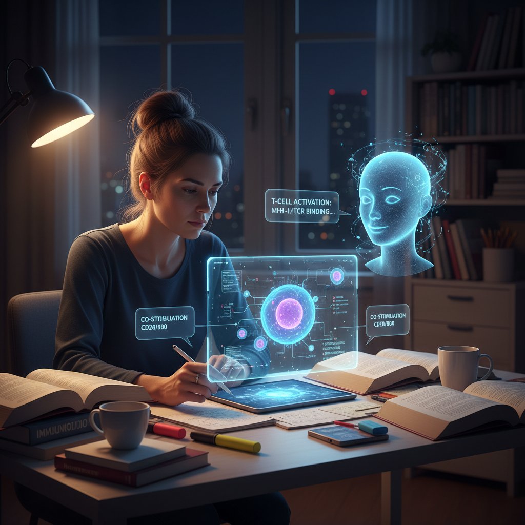 Studentka medycyny rozmawiająca z korepetytorem AI przez laptopa, nocą, z notatkami o immunologii