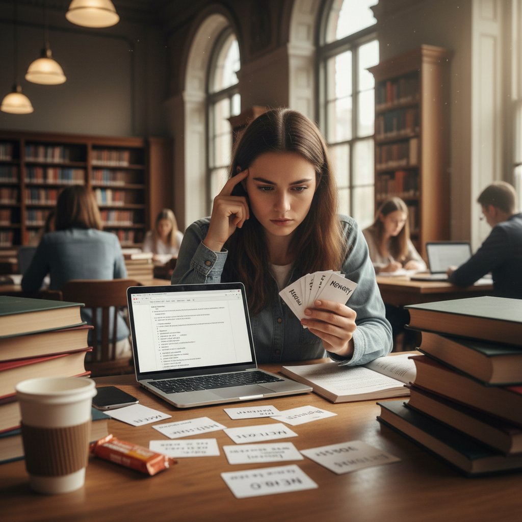 Studentka medycyny podczas nauki z fiszek w bibliotece