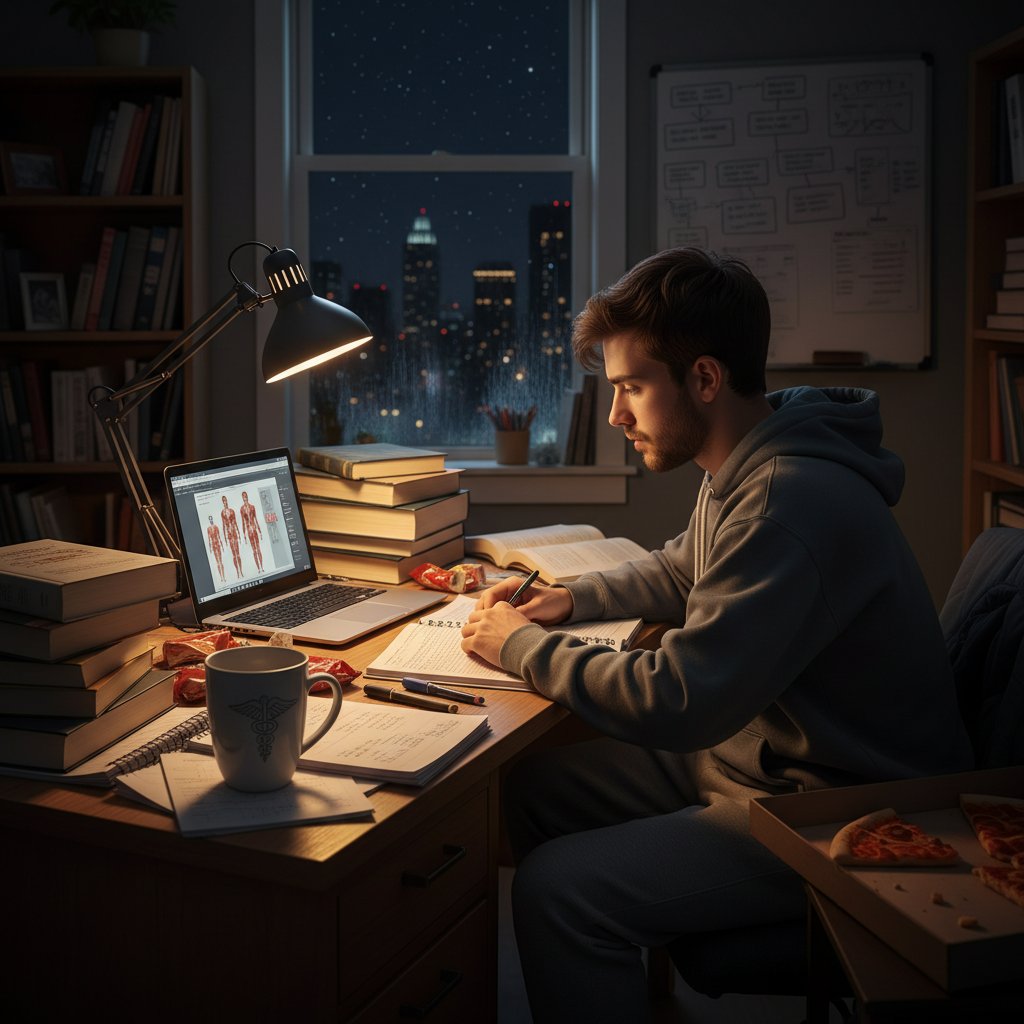 Studentka medycyny w mieszkaniu, skupiona przy komputerze, notatki, kubek kawy, noc