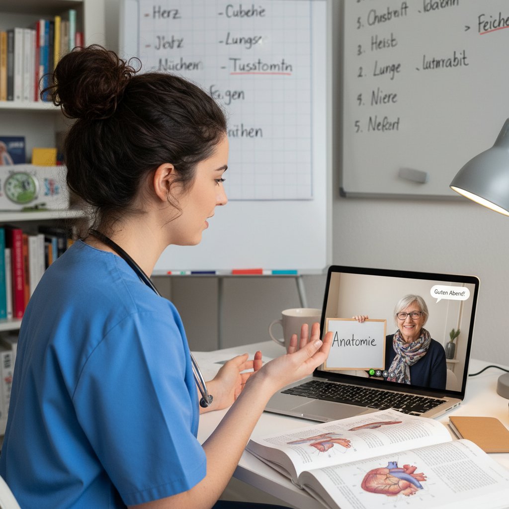 Zdjęcie studentki medycyny rozmawiającej przez wideoczat z lektorem niemieckiego