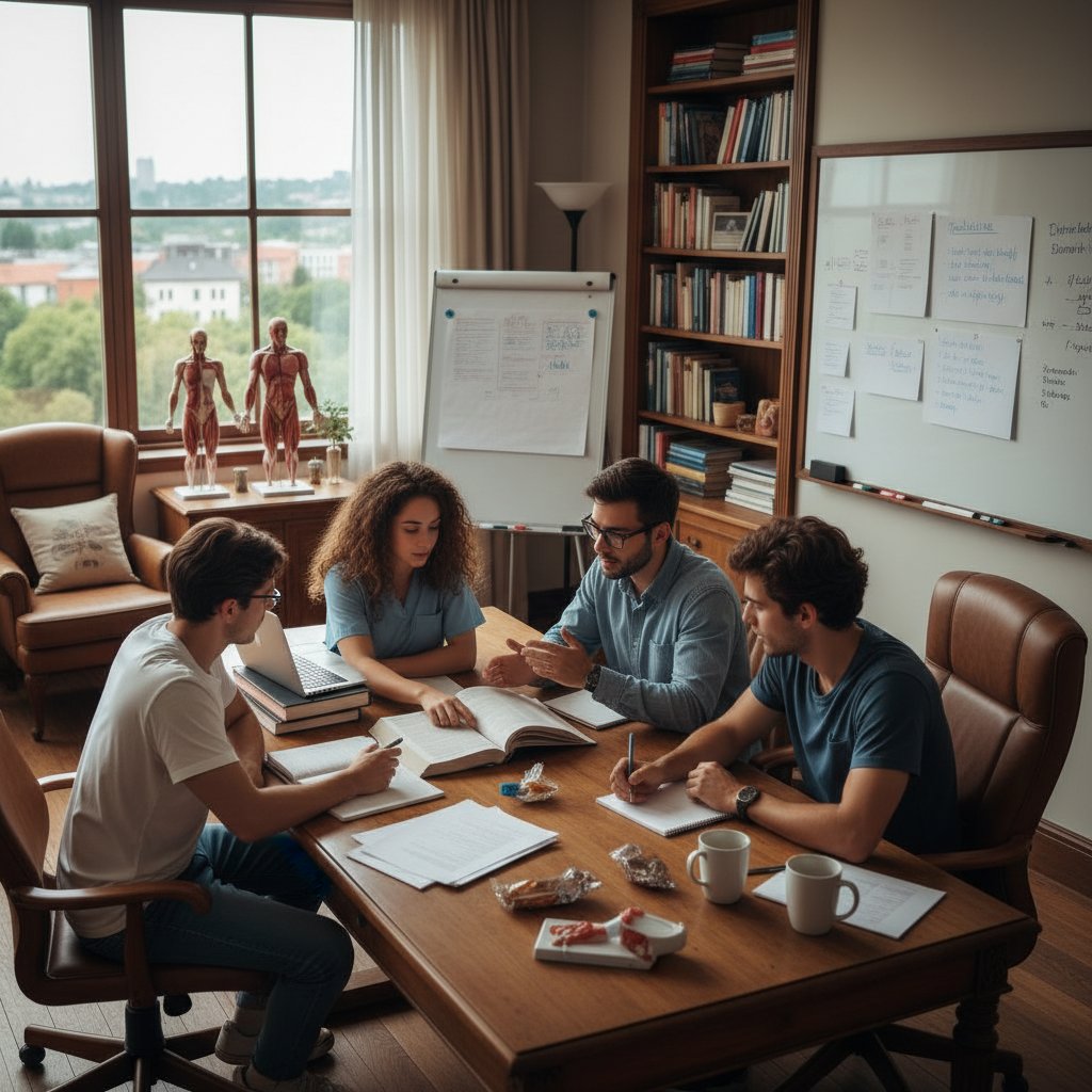 Studenci medycyny dyskutujący przy komputerach w domowym zaciszu