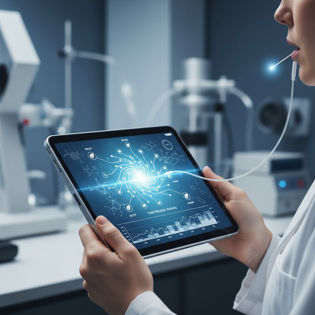 Osoba korzystająca z tabletu medycznego, wyświetlającego aplikację do analizy objawów smaku — nowoczesna technologia w diagnostyce