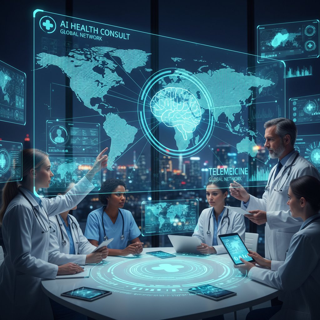 Zespół medyczny konsultuje się online przez AI, globalna mapa na ekranie, dynamiczna scena